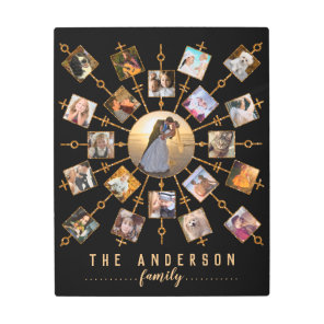 Family Photo Collage 21 Pictures Black Gold + Name Metal Print
