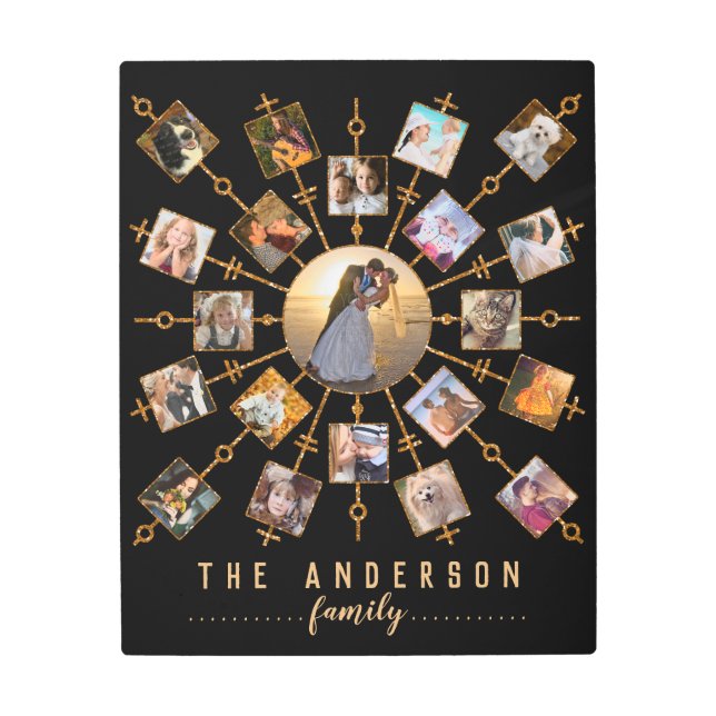 Family Photo Collage 21 Pictures Black Gold + Name Metal Print (Front)