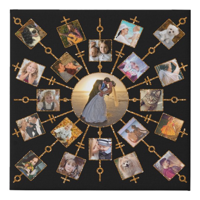 Family Photo Collage 21 Pictures Pretty Black Gold Faux Canvas Print (Front)