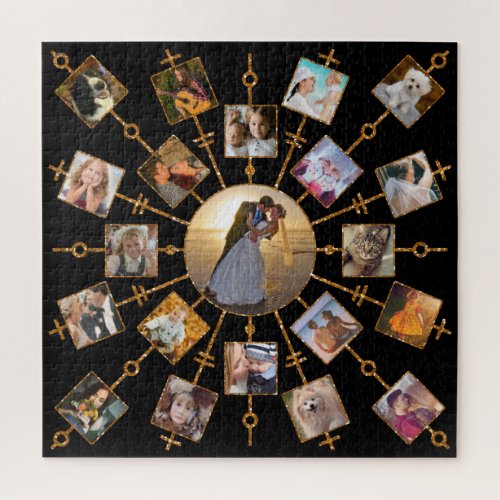 Family Photo Collage 21 Pictures Pretty Black Gold Jigsaw Puzzle