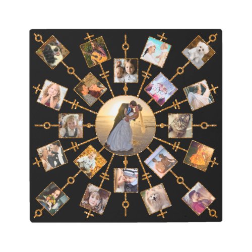 Family Photo Collage 21 Pictures Pretty Black Gold Metal Print