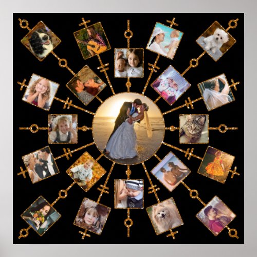 Family Photo Collage 21 Pictures Pretty Black Gold Poster