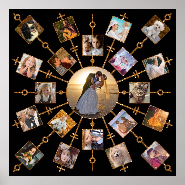 Family Photo Collage 21 Pictures Pretty Black Gold Poster (Front)
