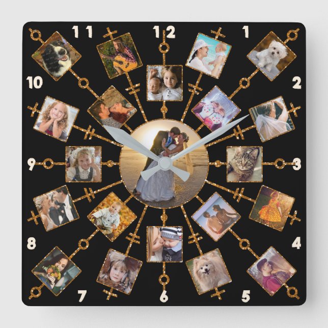 Family Photo Collage 21 Pictures Pretty Black Gold Square Wall Clock (Front)