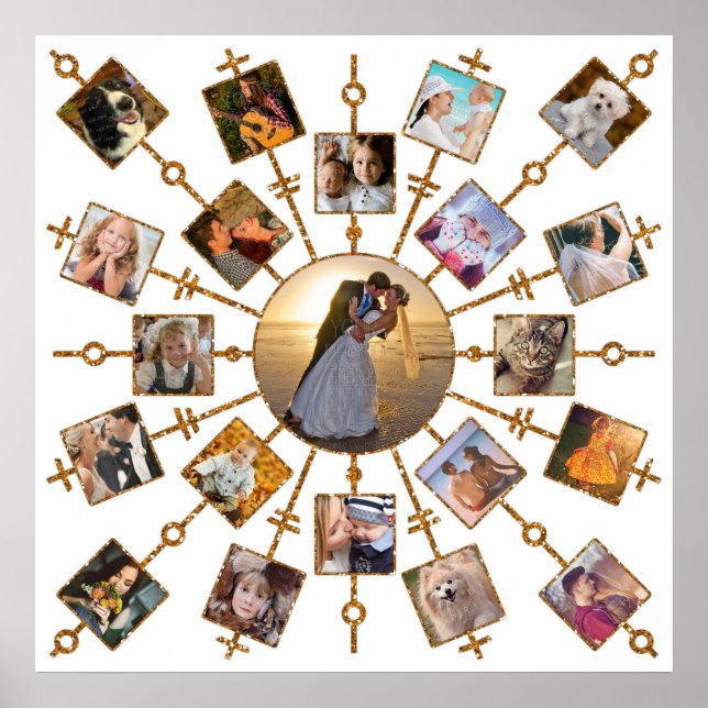 Family Photo Collage 21 Pictures Pretty White Gold Poster (Front)
