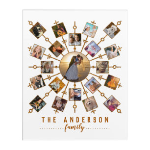Family Photo Collage 21 Pictures White Gold + Name Acrylic Print