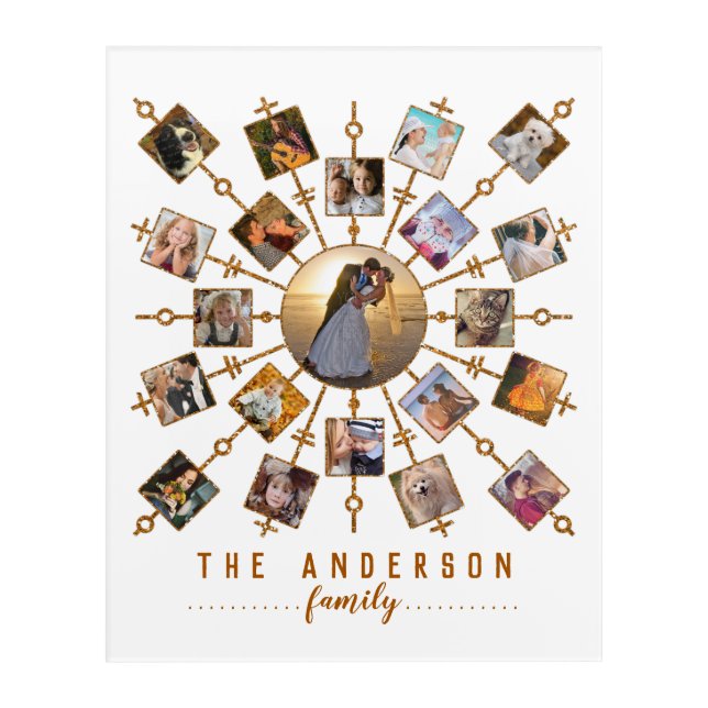 Family Photo Collage 21 Pictures White Gold + Name Acrylic Print (Front)