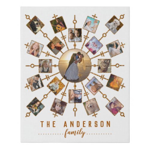 Family Photo Collage 21 Pictures White Gold  Name Faux Canvas Print