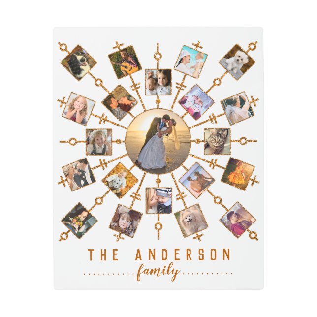 Family Photo Collage 21 Pictures White Gold + Name Metal Print (Front)