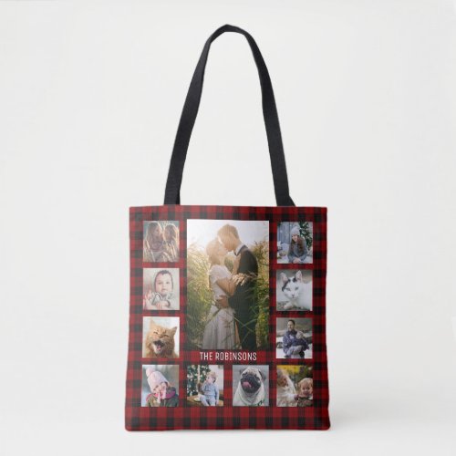 Family Photo Collage 22 Instagram Pics  Red Plaid Tote Bag