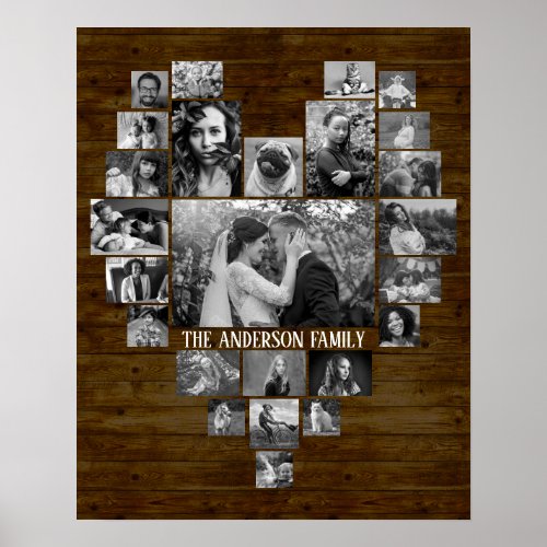 Family Photo Collage 25 BW Heart Pics  Name Wood Poster