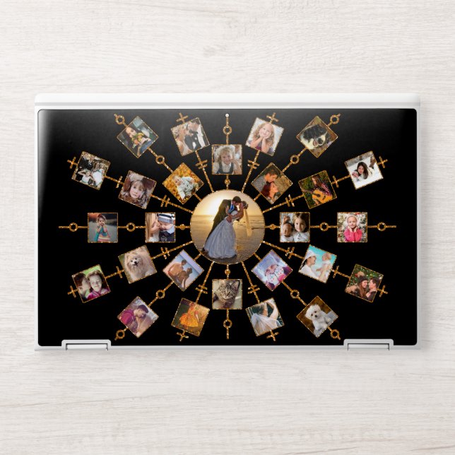 Family Photo Collage 27 Pictures Black Gold Frame HP Laptop Skin (Front)