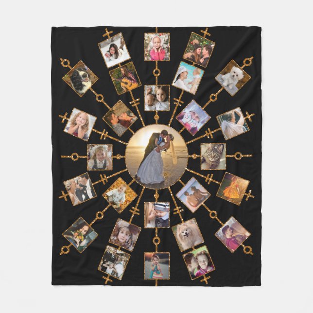 Family Photo Collage 27 Pictures Pretty Black Gold Fleece Blanket (Front)