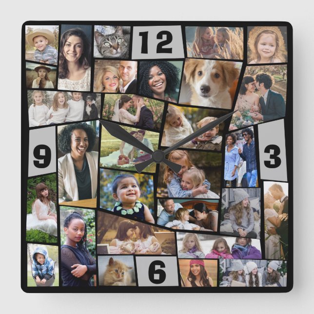 Family Photo Collage 29 Easy Template Cut Out Pics Square Wall Clock (Front)