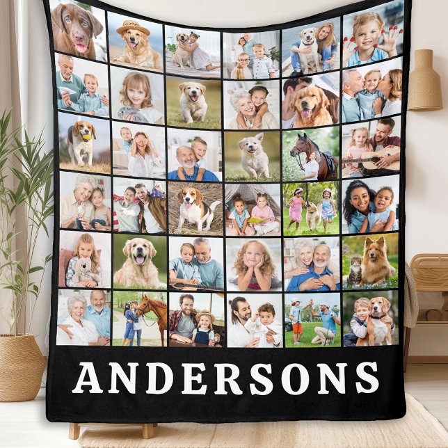 Family Photo Collage 36 Picture Personalized Black Fleece Blanket (Creator Uploaded)