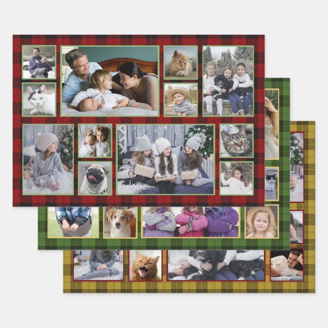 Family Photo Collage 36 Pictures | Buffalo Plaid Wrapping Paper Sheets (Set)