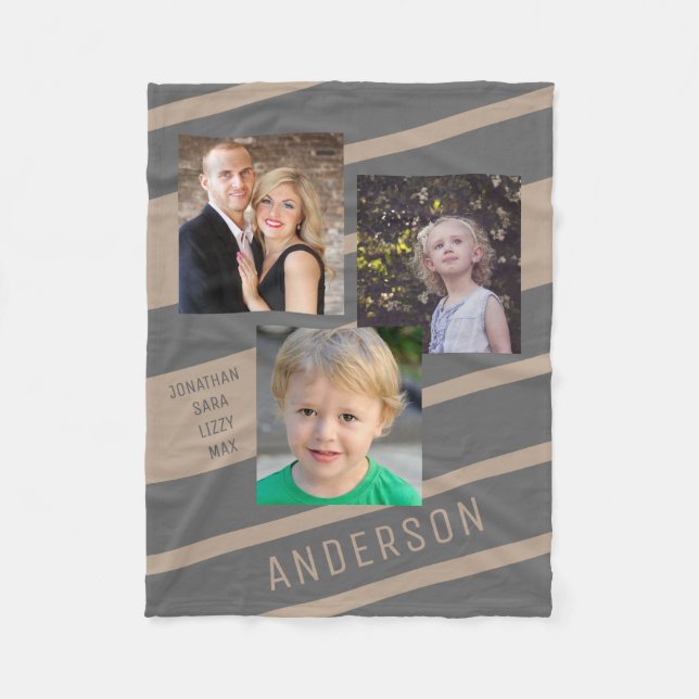Family Photo Collage | 3 Photos Tan and Gray Fleece Blanket (Front)