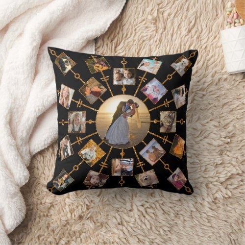 Family Photo Collage 42 Pictures Pretty Black Gold Throw Pillow
