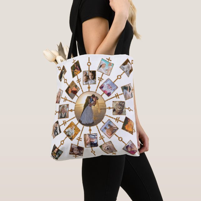 Family Photo Collage 42 Pictures Pretty White Gold Tote Bag (Close Up)