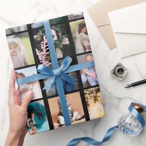 Family Photo Collage 56 Square Instagram DIY Black Wrapping Paper