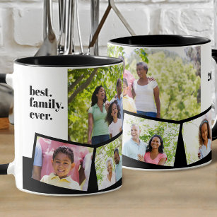 Family Photo Collage - 5 Photos and Custom Text Frosted Glass Coffee Mug