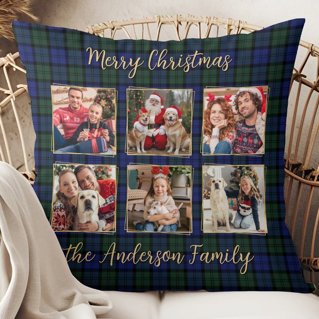 Family Photo Collage 6 Custom Modern Holiday Plaid Throw Pillow (Creator Uploaded)