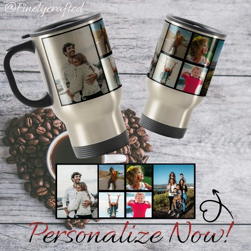 Family Photo Collage 6 Photos and Custom Text Travel Mug