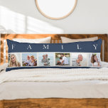 FAMILY Photo Collage 6 Picture Blue Body Pillow<br><div class="desc">Personalized long pillow with the word FAMILY lettered above your photos. The photo template is set up for you to add 6 of your favorite pictures, which are displayed in square format in a simple, strip style, photo collage. This smart and stylish custom piece of home decor, has a coastal...</div>