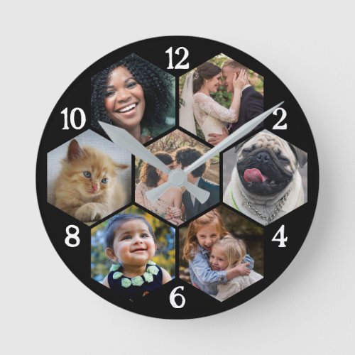Family Photo Collage 7 Custom Black Hexagon Flower Round Clock