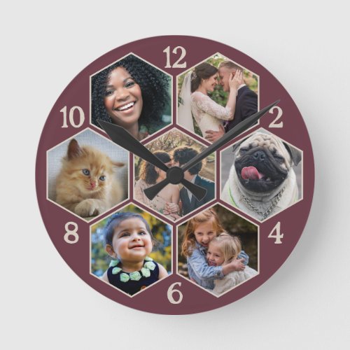 Family Photo Collage 7 Custom Burgundy Red Hexagon Round Clock