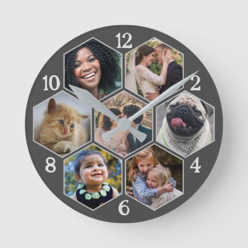 Family Photo Collage 7 Custom Gray Hexagon Flower Round Clock
