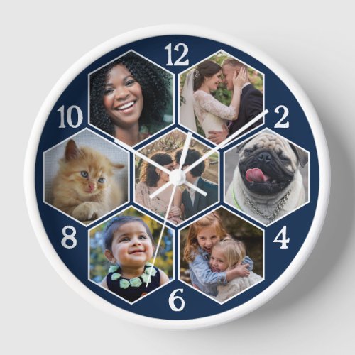 Family Photo Collage 7 Custom Navy Hexagon Flower Clock