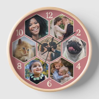 Family Photo Collage 7 Custom Pink Hexagon Flower Clock by PictureCollage at Zazzle