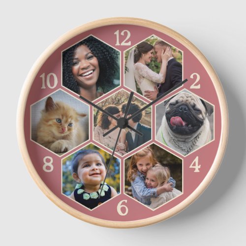 Family Photo Collage 7 Custom Pink Hexagon Flower Clock