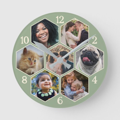 Family Photo Collage 7 Custom Sage Hexagon Flower Round Clock