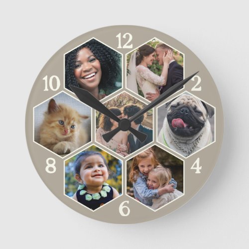 Family Photo Collage 7 Custom Taupe Hexagon Flower Round Clock