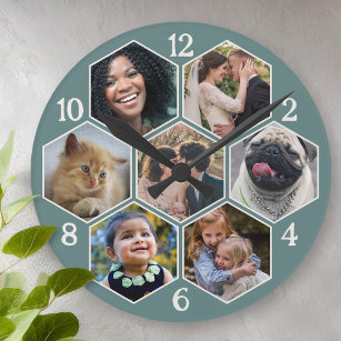Family Photo Collage 7 Custom Teal Hexagon Flower Round Clock