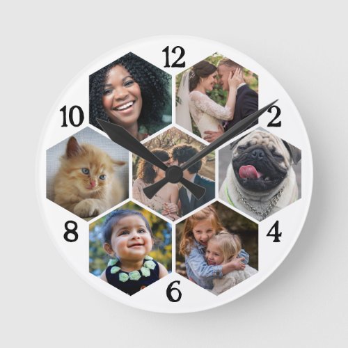 Family Photo Collage 7 Custom White Hexagon Flower Round Clock