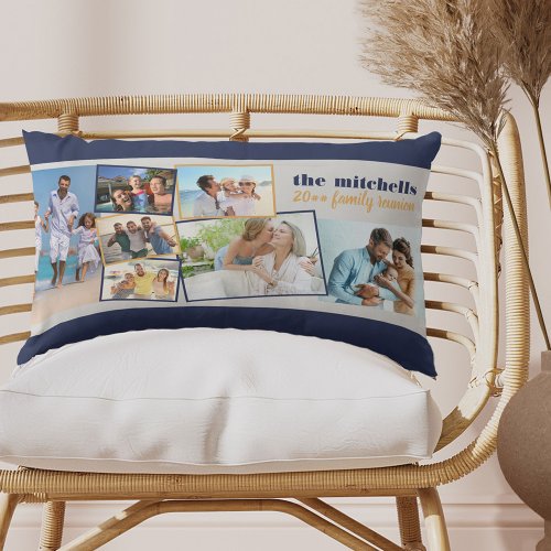 Family Photo Collage 7 Photos and Custom Text Blue Lumbar Pillow