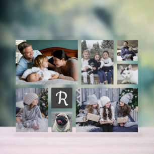 Family Photo Collage 7 Pics + Monogram White Easy Acrylic Sign