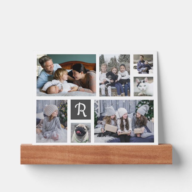 Family Photo Collage 7 Pics + Monogram White Easy Picture Ledge (Front)