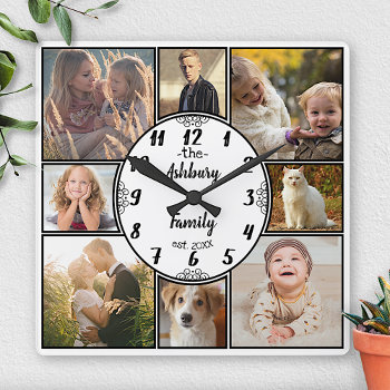 Family Photo Collage 8 Instagram Picture Oval Name Square Wall Clock by PictureCollage at Zazzle