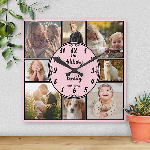 Family Photo Collage 8 Instagram Picture Oval Pink Square Wall Clock