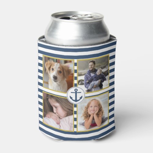 Family Photo Collage 8 Pics Monogram Anchor Stripe Can Cooler