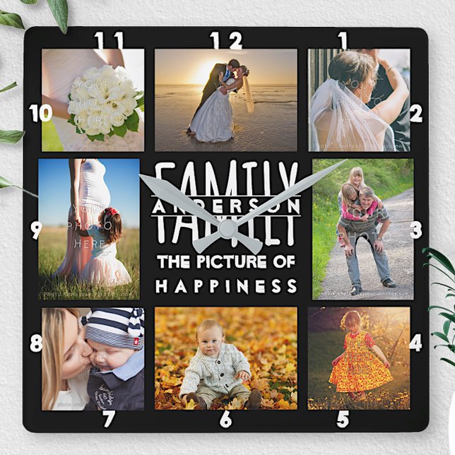 Family Photo Collage 8 Pictures Name Black Custom Square Wall Clock (Creator Uploaded)