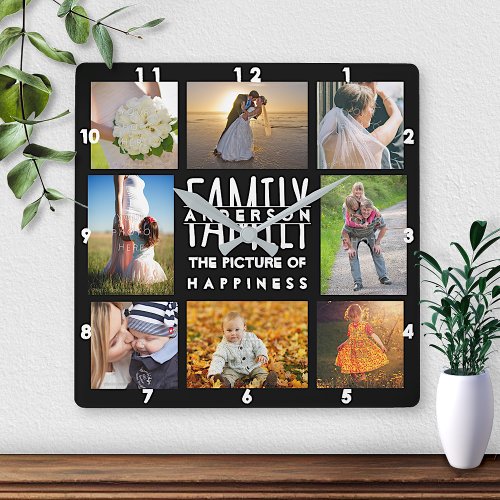 Family Photo Collage 8 Pictures Name Black Custom Square Wall Clock