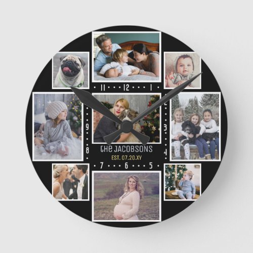 Family Photo Collage 9 Custom Pics Add Name Black Round Clock