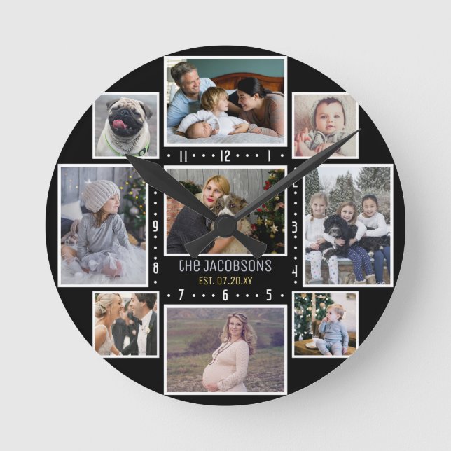 Family Photo Collage 9 Custom Pics Add Name Black Round Clock (Front)