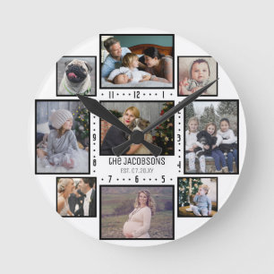 Family Photo Collage 9 Custom Pics Add Name White Round Clock