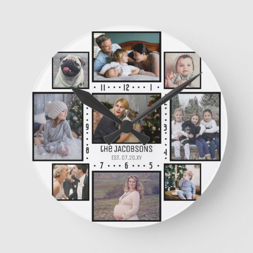 Family Photo Collage 9 Custom Pics Add Name White Round Clock